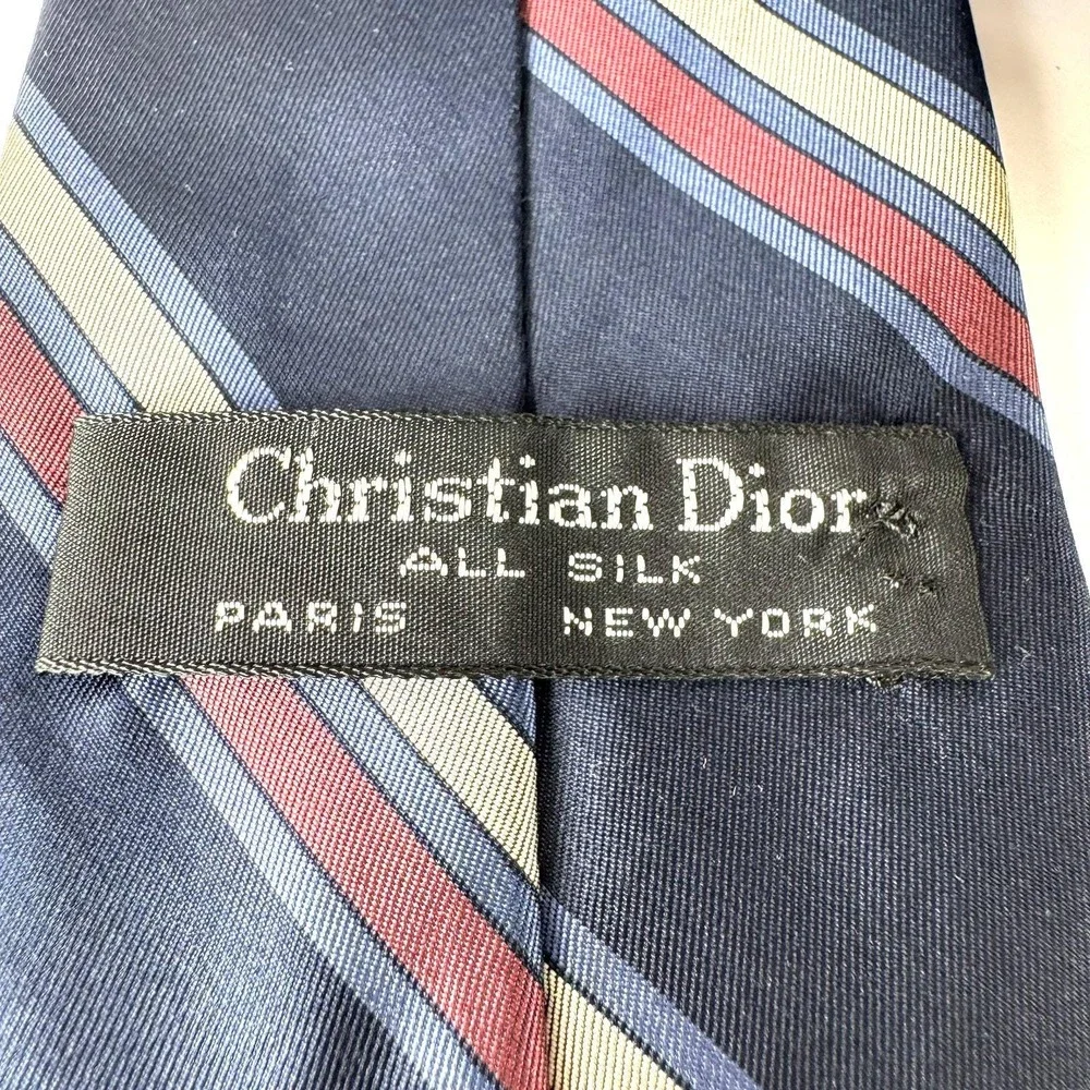 Christian Dior Mens Silk Tie Navy‎ Blue Red Cream Striped Vintage Made in France